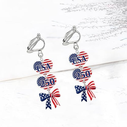 4th of July Independence Day Clip on Earring for Women American Flag Dangle Earrings Patriotic Red White Blue USA Earring, Pave Crystal Stud - color: red bow