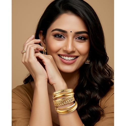 ÌF ME Gold Bangle Bracelets for Women, Indian Bangles Stackable Set, Multi Layer Textured 18K Gold Plated Chunky Bracelets Boho Jewelrys Set - style: E-6 PCS adjustable bangles