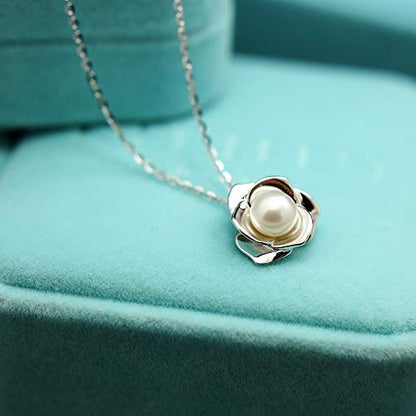 "Lovely Rose" High Polished 925 Sterling Silver Earrings with 7mm Natural Freshwater Pearl - style: Earrings