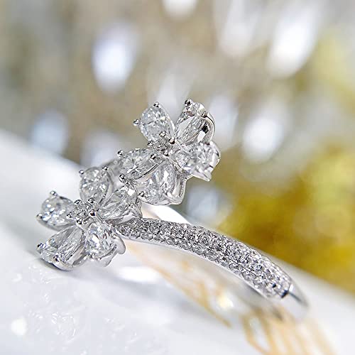 Rhinestone Flower Ring for Women Adjustable Cubic Zirconia Cocktail Gold Ring Sparkling Crystal Silver Open Wrap Statement Ring