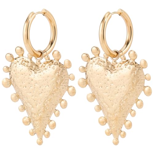 Beebeecraft Heart Dangle Earrings for Women 18K Gold Plated Stainless Steel | Hypoallergenic, Drop Huggie Earrings with Large Love Hearts Charm, For Valentines Gift Jewelry Mother