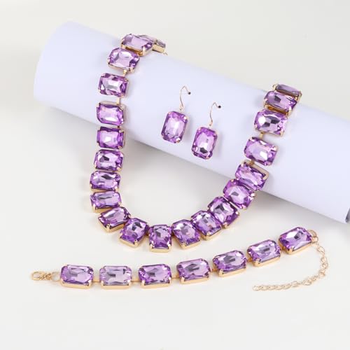 KOSMOS-LI Rectangle Faux Crystal Jewelry Sets Includ Necklace Bracelet Earrings For Women Stocking Stuffers - color: purple