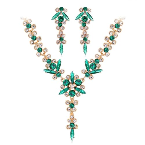 Wedding Jewelry Sets for Brides Rhinestone Necklace and Earring Set Bracelet Ring Gold Silver Prom Jewelry Sets Diamond Flower Teardrop Necklace for Women - color: Style5-Green