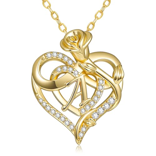 14k Gold Heart Initial Necklaces for Women, Dainty Letter Pendant Chain Necklace, Letter A to Z Initial Jewelry, Anniversary Birthday Gifts for Her Wife Mom Daughter - style: Letter A