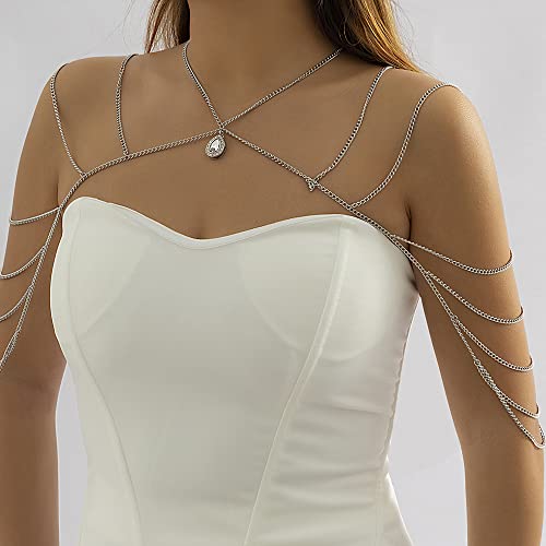 Missgrace Bride Women Rhinestones Shiny Statement Body Chain Shawl Silver Dainty Body Layered Shoulder Chain Wedding Party Nightclub Body Accessories for Women Bride