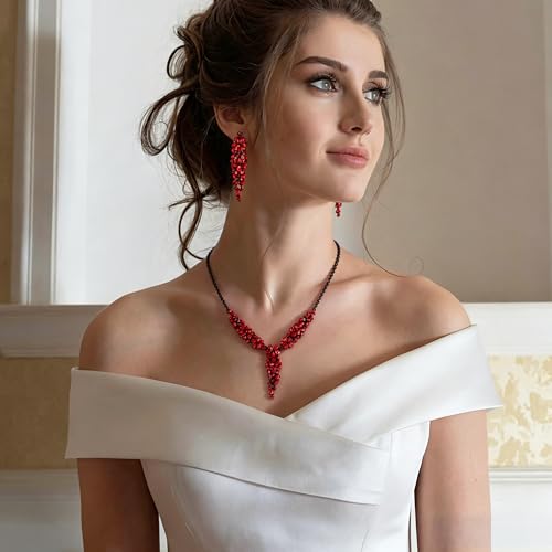 EleQueen Statement Sparkle Crystal Necklace Bracelet Dangle Earrings Set for Women, Art Deco Prom Chandelier Jewelry for Wedding Bridal - color: Red Black-Tone