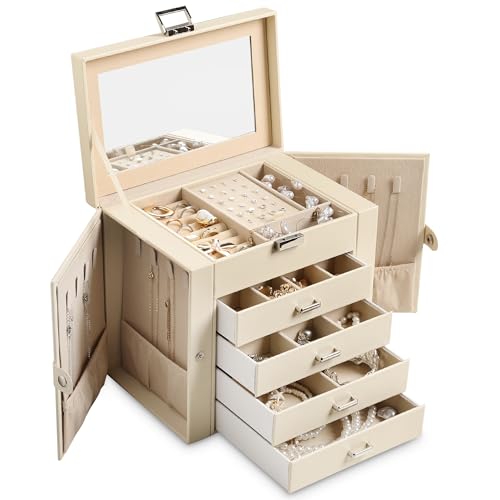 Frebeauty 5-Layer Jewelry Box for Women,Jewelry Organizer with 4 Drawers | Faux Leather,Built-in Mirror,Spacious Jewelry Storage,16 Necklace Hooks,Organizing by Category for Rings Earrings Bracelet - color: Beige, size: Medium