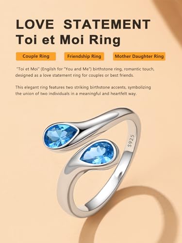 Bestyle Silver Birthstone Ring for Women, Dainty Sterling Silver Teardrop Ring Open Adjustable Band Ring, Love Statement TOI et Moi Ring Promise Ring for Her - color: 12.December (Blue Topaz)