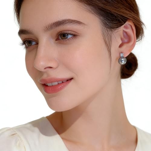 Faux Pearl Cubic Zirconia Stud Earrings, Hypoallergenic Lightweight Round Pearl Studs for Women - color: Blueish Silver, size: Pearl 12mm-CZ 3mm