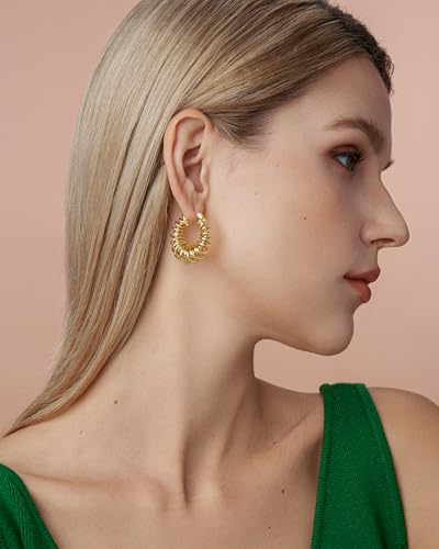 18K Gold Plated Chunky Curve Twisted Open Hoop Statement Stud Earrings with CZ for Women by SNGIA, Large Handmade Spiral Texture Braided Formal Trendy Hoop Jewelry Gifts, Big Circle Geometric Shell Beachy Vacation Fashion Hanging Earrings Accessories, Vin