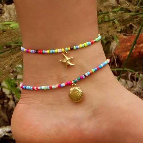 Shell Starfish Ankle Bracelet Set for Women,Handmade Bohemian Colorful Beaded Layered Hawaiian Beach Seashell Starfish Foot Jewelry Gifts Friendship Family
