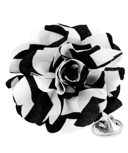 Premium Men's Formal Striped Flower Lapel Pin - Boutonniere for Men, Flower Brooch Pin - color: Black/White