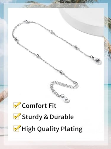ChainsHouse Ankle Bracelets for Women, Stainless Steel Beaded Chain Ankle Bracelet, Womens Heart Anklets for Summer Beach Jewelry Gifts - color: I: bead-3.5mm-stainless steel