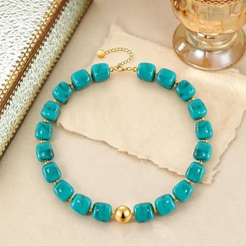 VIBILIA Boho Beaded Chunky Statement Necklace for Women Y2K Summer Jewelry | Boho Handmade Large Resin Bead Strand, Trendy Statement Summer Vacation Holiday Jewelry - color: Square-Turquoise