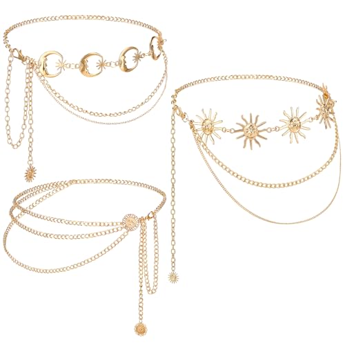 3Pcs Layered Waist Chains for Women Boho Festival Costume | Sunflower Butterfly Belts, Adjustable Fashion Accessories, Western Style, Party Hip Chain Belt - style: Boho Gold Sunflower
