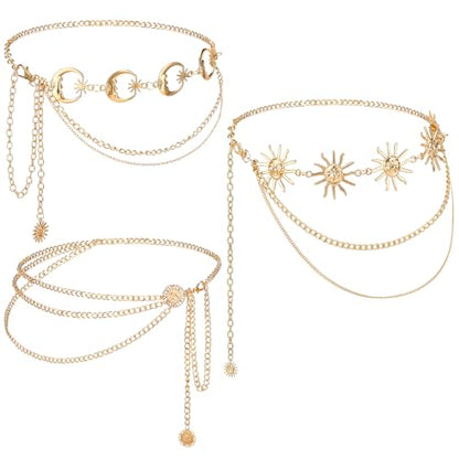 3Pcs Layered Waist Chains for Women Boho Festival Costume | Sunflower Butterfly Belts, Adjustable Fashion Accessories, Western Style, Party Hip Chain Belt - style: Boho Gold Sunflower