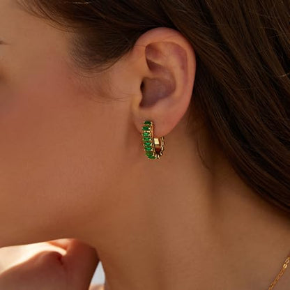 Green Crystal huggie gold hoop earrings for women Girls,14K Gold Plated with 925 Sterling Silver Post color Cubic Zirconia dainty cute Earrings| CZ Stud Earring - color: Green stone