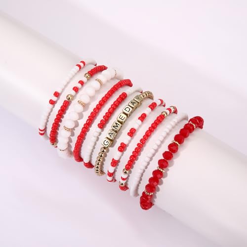 ZOLEAROPY Game Day Bracelets Stack Football Bracelets for Women Men Stackable Game day Bracelet Accessories Football Mom Outfit Jewelry Gifts - color: red white