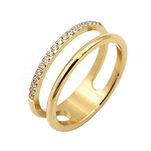 Women's Stainless Steel Cubic Zirconia Ring Knuckle Midi Stacking Double Lines Eternity Bands - color: Gold