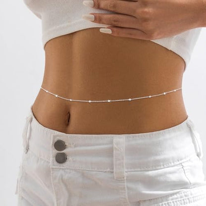 BERISO 14K Gold Plated Body Chain for Women - Sexy Waist Beads Chain, Adjustable Beach Body Jewelry, Elegant Bikini Belly Chain, Boho Festival Layered Body Jewelry (26.5-33 Inch) - style: Body Chain-D