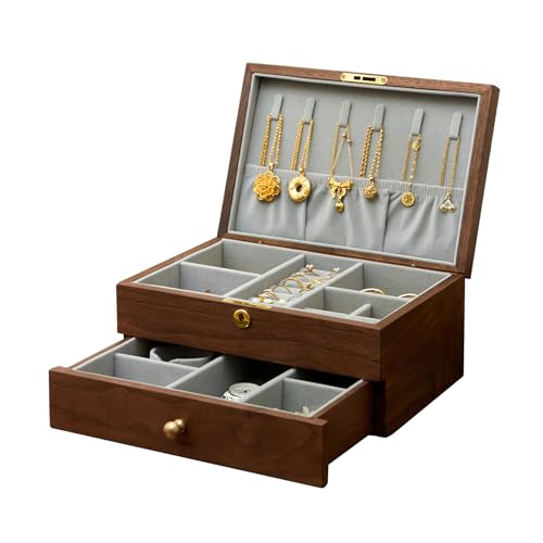 Jewelry Box Organizer for Women & Men 2-Layer Lockable | Wooden with Velvet Lining, Black Walnut Double Layer, Earring Ring Necklace Organizer, Lock & Key, Brass Handles - style: 2-layer lockable