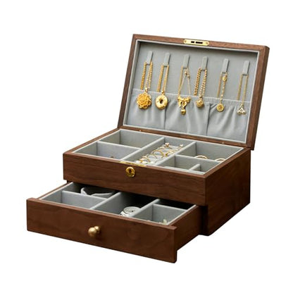 Jewelry Box Organizer for Women & Men 2-Layer Lockable | Wooden with Velvet Lining, Black Walnut Double Layer, Earring Ring Necklace Organizer, Lock & Key, Brass Handles - style: 2-layer lockable