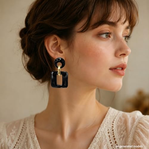 Retro Boho Hollow Square Earrings Lightweight Fashion Jewelry Casual Daily Wear Geometric Drop Earrings Party Acrylic Square Dangle Accessories - color: Black