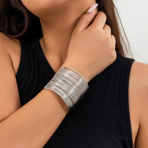3PCS Gold Chunky Cuff Bracelets for Women Irregular Minimalist Statement Bangle Bracelets Set Open Wide Bangle Arm Cuff Upper Arm Punk Jewelry - color: 3PCS Silver Cuff Bracelets