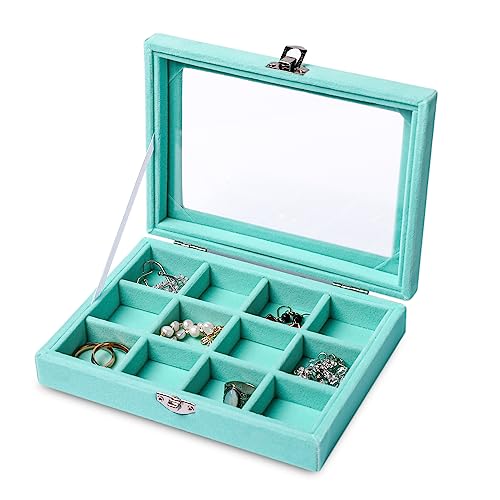 Tiny 12 Grid Earring Organizer Tray, Velvet Jewelry Box with Lid | Jewelry Tray With Lid,Adjuatable Dividers,Velvet Lining,Earring Organizer Box, Display Case,Drawer Insert,Gift For Women - color: Turquoise, size: 12 Grid