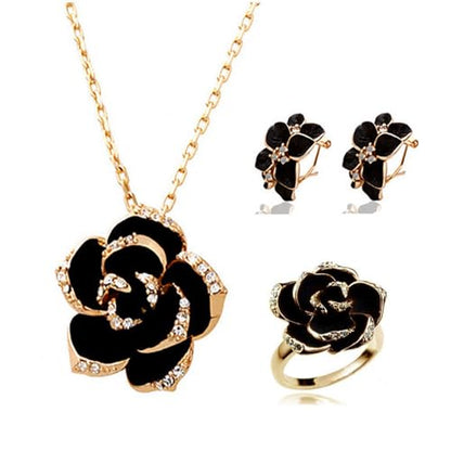 Elegant Jewelry Set Necklace for Women，Adjustable Dainty Cubic Zirconia Trendy Choker Pendant Necklace+Earrings+Ring, Mother's Day Valentine's Day Gifts Pendant Set for Women 3PCS - color: black Flower