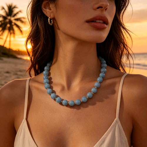 Colorful Beaded Necklace for Women Boho Statement Chunky Necklace Natural Stone Beads Gemstone Choker Necklaces Handmade Summer Beach Jewelry - color: Blue