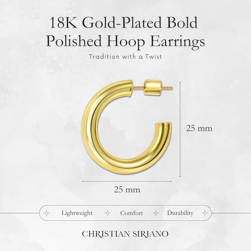 18K Gold Plated Sterling Silver Earrings for Women – Pure & Polished, Twist, Square, Hinged Tube, Abstract & Heart Shape Hoops – Lightweight, Hypoallergenic, Non-Tarnish Jewelry (Sizes: 3x35mm-46x30mm) - color: Gold, size: Polish Hoop (5x25mm)