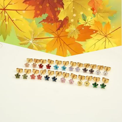 12 Pairs Surgical Stainless Steel Stud Earring Round Heart Star Square Cubic Zirconia Birthstone Stud Earrings Set for Women - color: Gold star 4mm