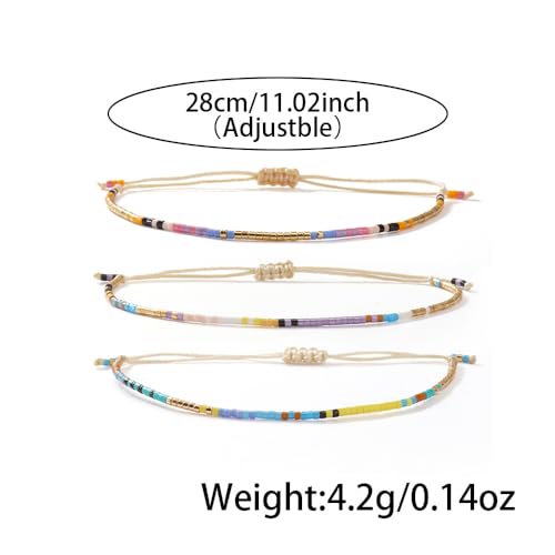 Seed Beaded String Rope Adjustable Bracelets Set for Women Men, Small Colorful Boho Rice 3Pcs Stack Handmade Thin Jewelry, Daily Beach Vacation Friendship Gift - color: Purple Blue G