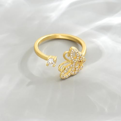 Adjustable Rings for Women 18K Gold Plated daisy Flower Butterfly Ball Cubic Zirconia Rings Dainty Open Stacking Ring - color: Butterfly-Gold