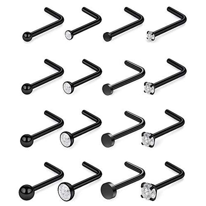 SCERRING 18G Stainless Steel L-Shaped Nose Stud Rings Tragus Lip Hoop Piercing Jewelry 1.5-3mm Clear CZ 8-30PCS - color: 16PCS - Black