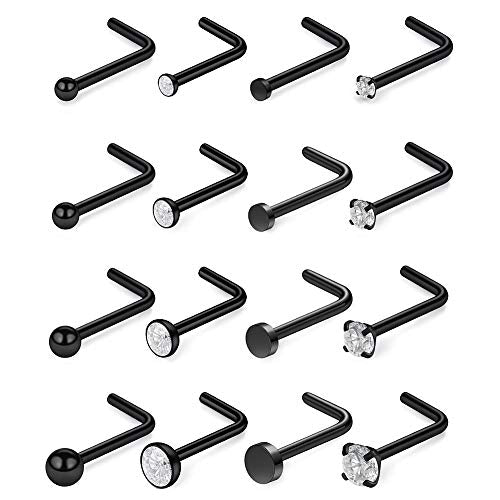 SCERRING 18G Stainless Steel L-Shaped Nose Stud Rings Tragus Lip Hoop Piercing Jewelry 1.5-3mm Clear CZ 8-30PCS - color: 16PCS - Black