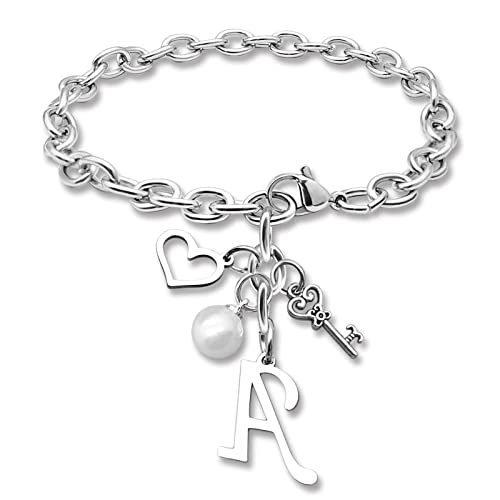 Initial A-Z Bracelets Gift for Women Girls Stainless Steel Chain Bracelet 26 Alphabet Jewelry Gifts for Birthday Anniversary Letter Bracelet Monogram Gifts for Sister Friend Girlfriends Mom 8.26 Inch - color: A