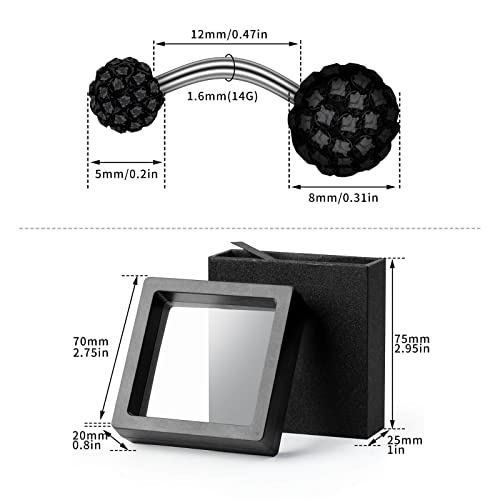 2-Piece 14G Belly Button Rings, Rhinestone Disco Balls | Hypoallergenic stainless steel with 5mm top and 8mm bottom rhinestone balls, gift-boxed navel piercing jewelry for women - color: Black