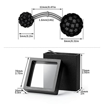 2-Piece 14G Belly Button Rings, Rhinestone Disco Balls | Hypoallergenic stainless steel with 5mm top and 8mm bottom rhinestone balls, gift-boxed navel piercing jewelry for women - color: Black