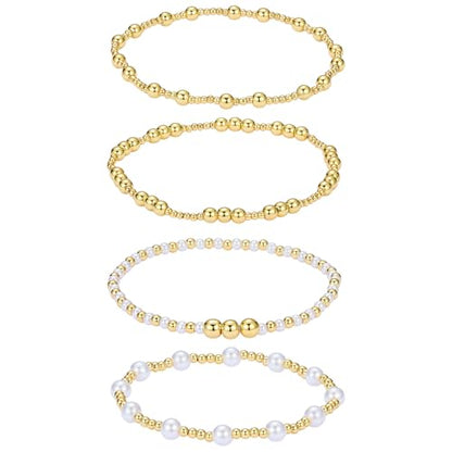 Ornaland Pearl Bracelets for Women Gold Beaded Bracelets Stackable Bracelets Set Stretch Summer Beach Jewelry for Women - style: Style B-4pcs