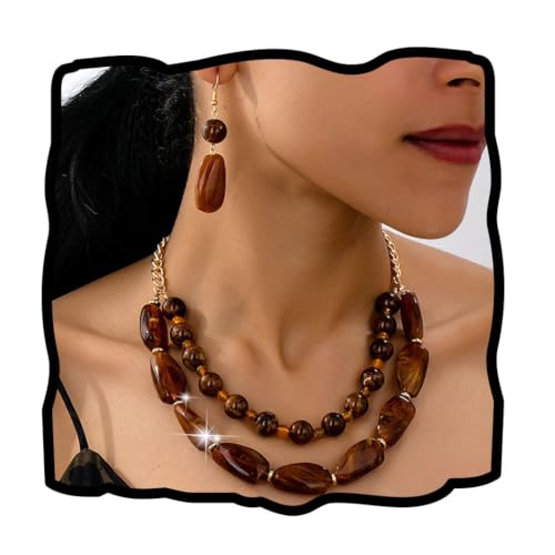 Layered Beaded Necklace and Earring Set Acrylic Beads Necklace Set Bohemian Chunky Jewelry Set for Women Beach - color: Brown