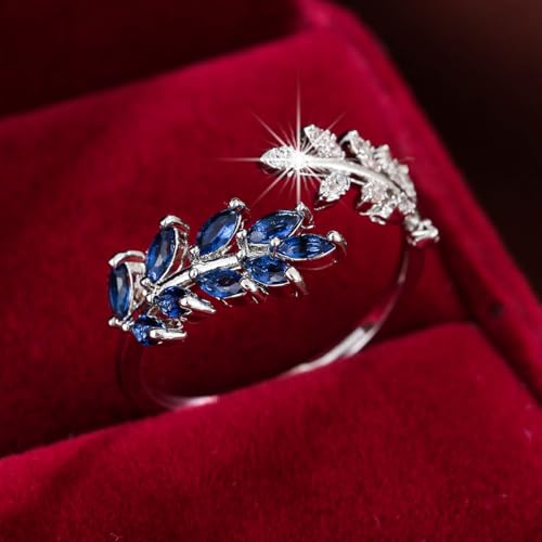 Adjustable Open Leaf & Vine Ring with Gemstone & Diamond | Cuff Deco Ring for Women Men | Adjustable Cuff Vine Leaf Deco Rings - color: Silver Blue