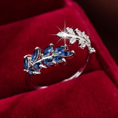 Adjustable Open Leaf & Vine Ring with Gemstone & Diamond | Cuff Deco Ring for Women Men | Adjustable Cuff Vine Leaf Deco Rings - color: Silver Blue