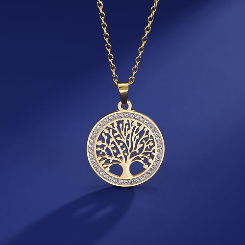 Dreamtimes Tree of Life Necklace for Women Stainless Steel Gold Color Clear Zircon Round Pendant Neck Chains Family Tree Fashion Charm Luxury Jewelry Wedding Gift - color: GOLD