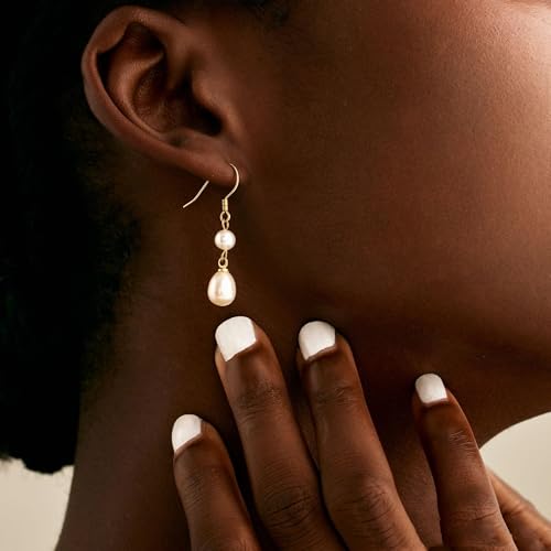 Pearl Earrings for Women 14K Gold Freshwater Pearl Hoop Earring Dangle Drop Wedding Earrings Bridal Bridesmaid Jewelry Gifts for Women - color: Natural Freshwater Pearl Drop Earrings