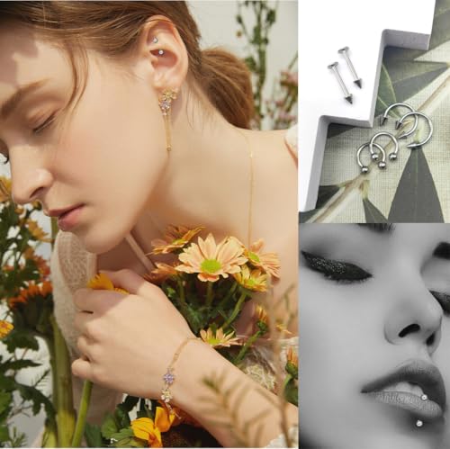 40Pcs Surgical Steel Lip Rings Labret Monroe Barbell Daith Tragus Helix Piercing Septum Nose Ring Eyebrow Body Jewelry for Women Men - color: Silver
