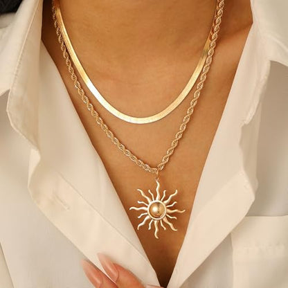 Sun Necklace for Women 14K Gold Silver Plated Layered Charm Necklace Double Chain Charm Pendant Necklaces Trendy Daily Wear Statement Jewelry Gift - color: Gold