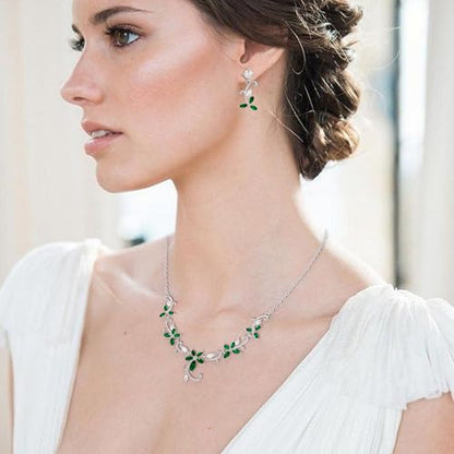 Crysdue Flower Leaf Wedding Jewelry Set for Bridal Bridemaid, Cubic Zirconia Teardrop Elegant Silver/14K/Rose Gold Plated Vine Necklace Dangle Earrings for Prom Party - style: A_Green