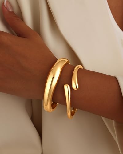 2pcs Gold Bangle Bracelets for Women, Trendy Hinged Cuff Open Wide Chunky Gold Bracelet Stack Arm Cuff Jewelry for Women - color: Gold Bangles